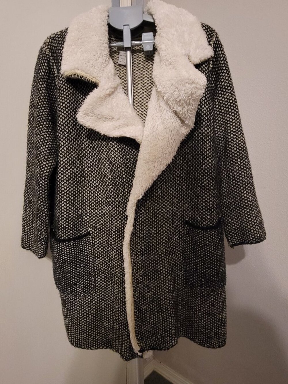 Rain + Rose Houndstooth Coatigan Sweater Sherpa Collar L (Fits Over-Sized / XL)